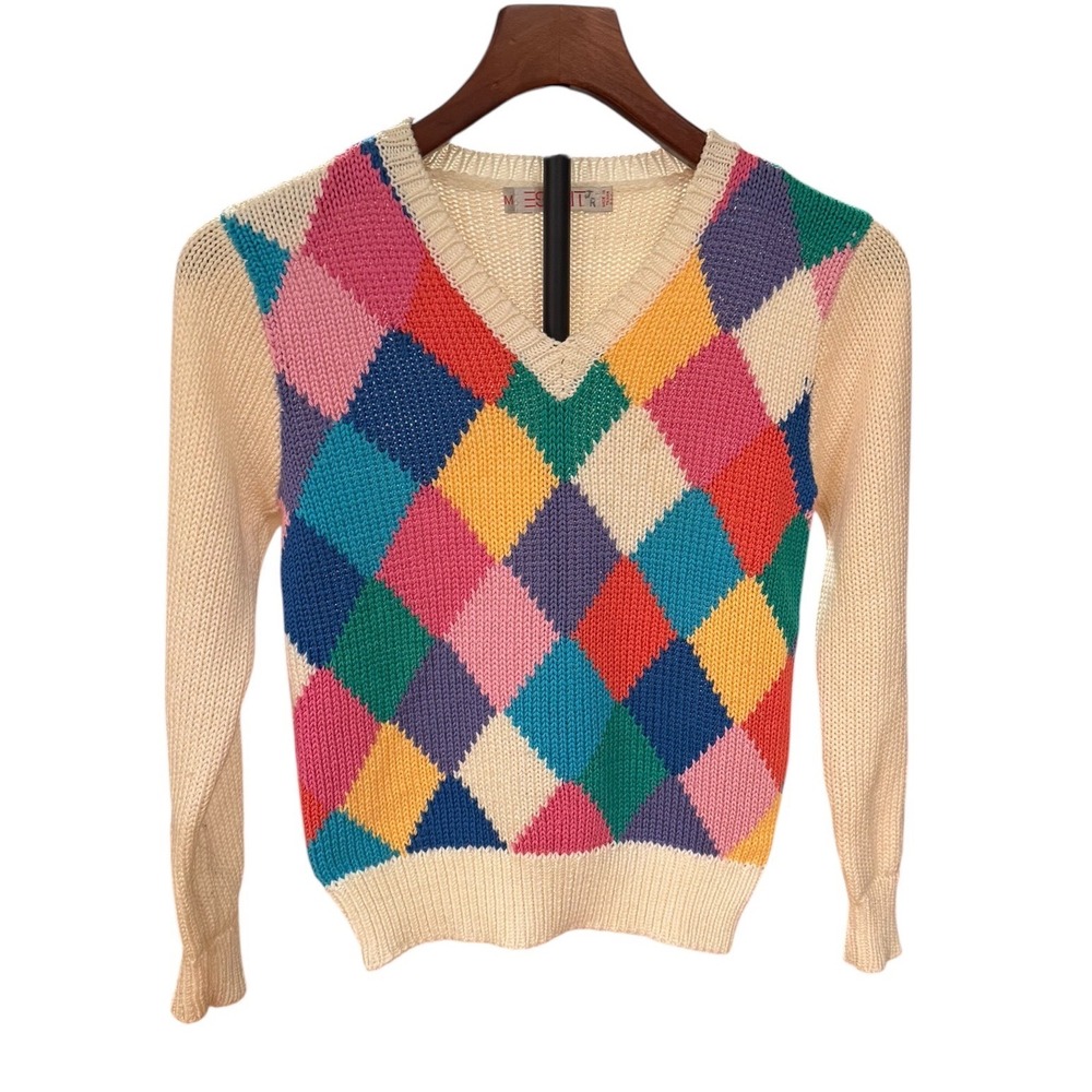 Vtg 80s Esprit Sport Harlequin Diamond Knit V-Neck Sweater Multicolor‎ fits XS